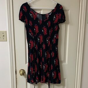 Royal Bones, US L, Black & Pink Floral Skull Print Tie Back Fit & Flare Dress
